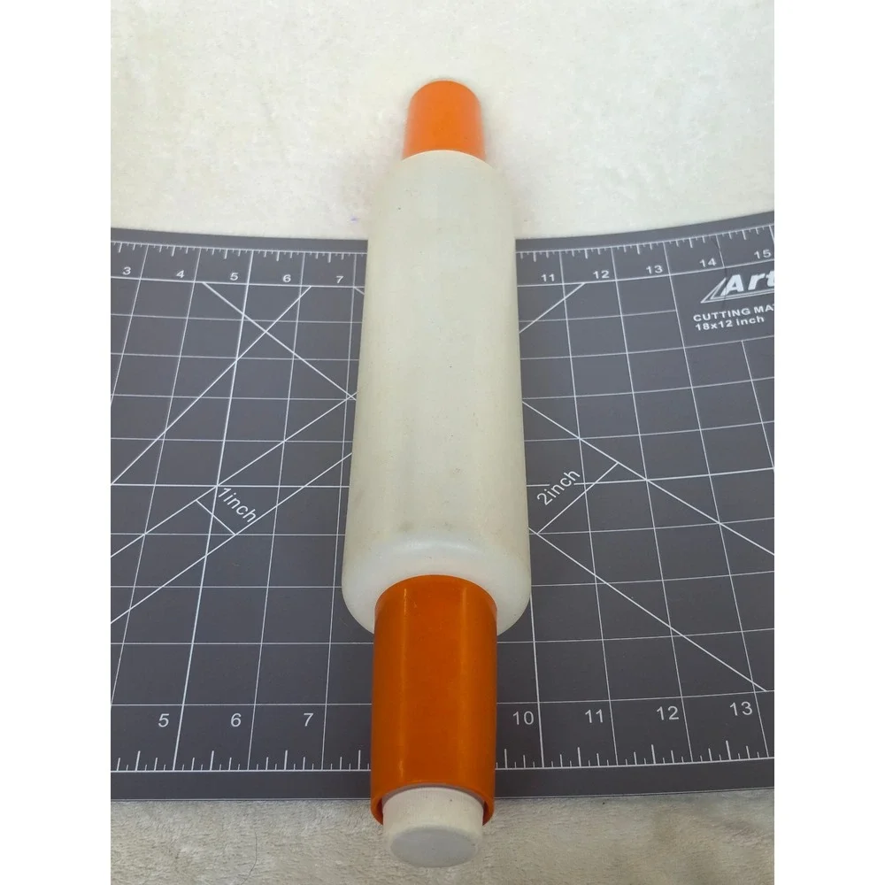Vintage Tupperware Rolling Pin White Barrel Orange Handles Fillable Pastry Tool